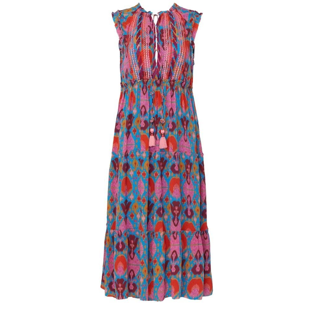 Figue Sleeveless V-Neck Patterned Midi Dress in Pink & Blue